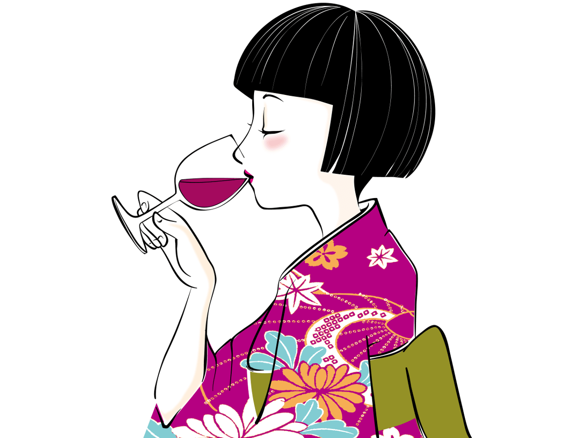 ワインを飲む着物の女性
